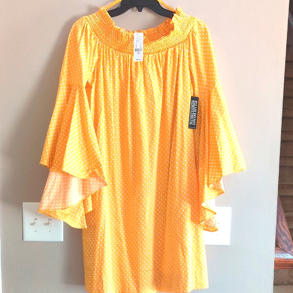 Yellow & White Polka Dot NWT Size L Bell Sleeve Off Shoulder Dress